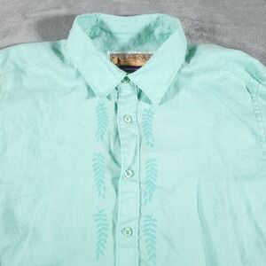 Quicksilver M Field Shirt Mens Large Green Linen Stencil Pattern Casual Button